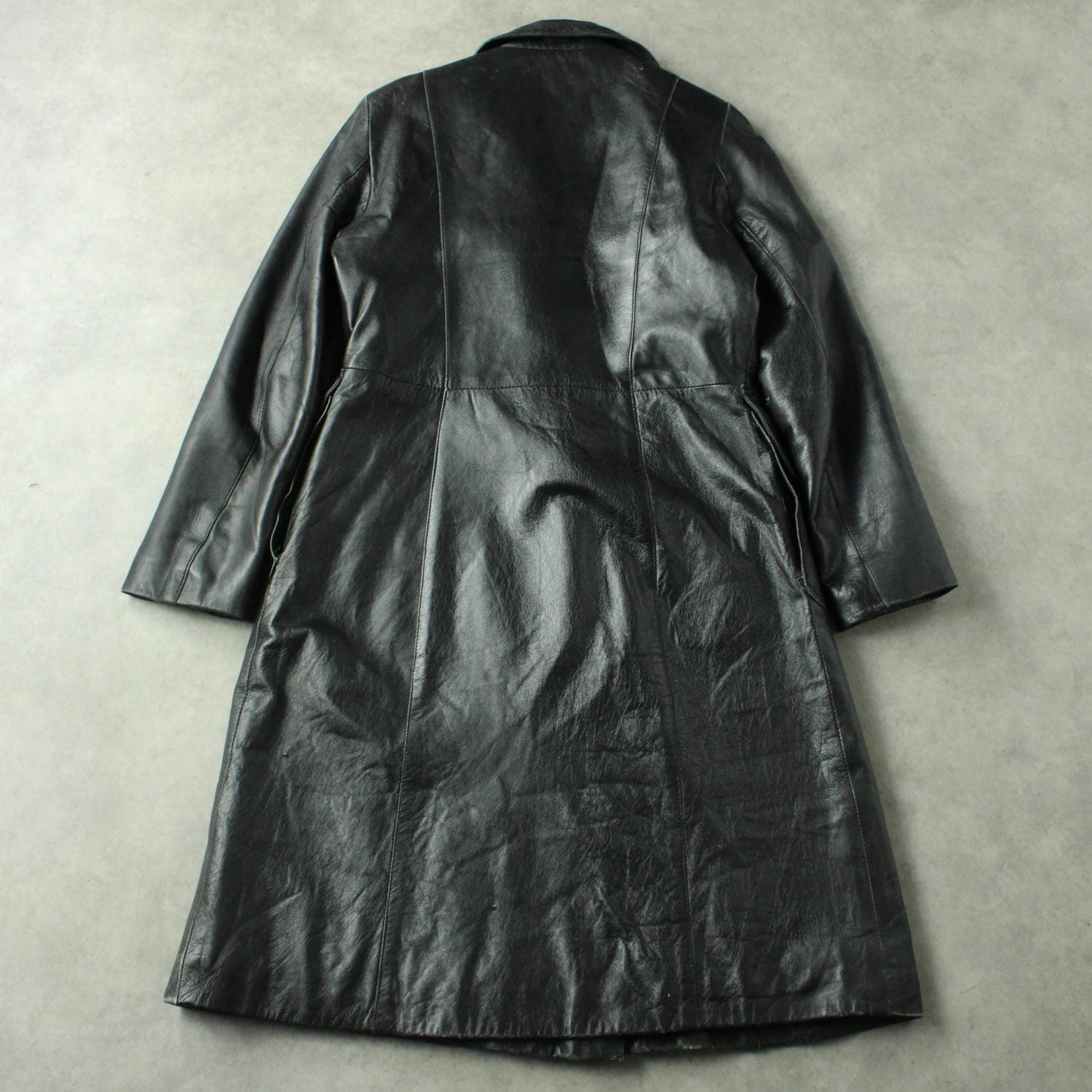 Massel Melpolo Long Leather Coat with Belted Pockets – Black (Woman-XL)