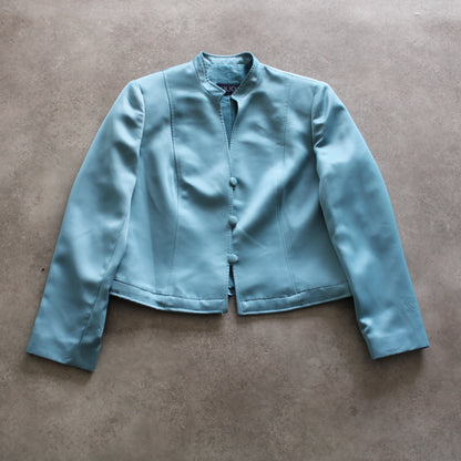 QUO Vintage Light Blue Satin Blazer Jacket – Minimalist Button-Up (Woman-M)