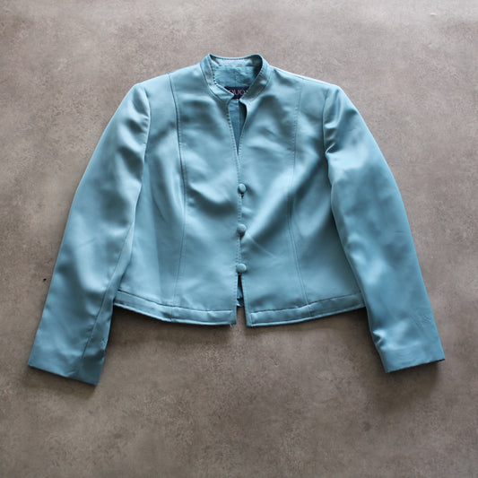 QUO Vintage Light Blue Satin Blazer Jacket – Minimalist Button-Up (Woman-M)