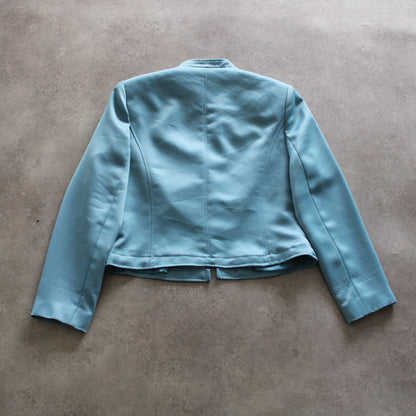 QUO Vintage Light Blue Satin Blazer Jacket – Minimalist Button-Up (Woman-M)