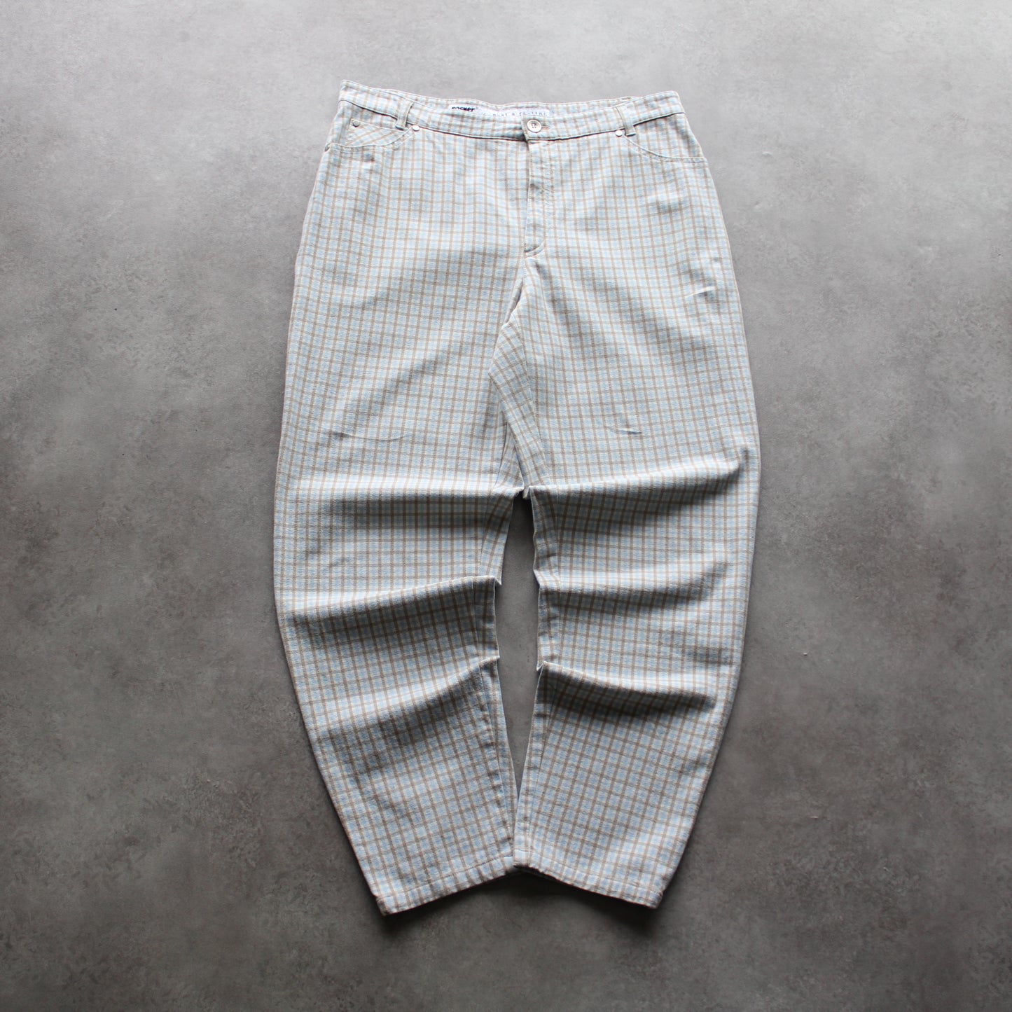 Rosner Vintage Checked Pants – Light Grey & Blue Plaid Trousers (Man-W29)