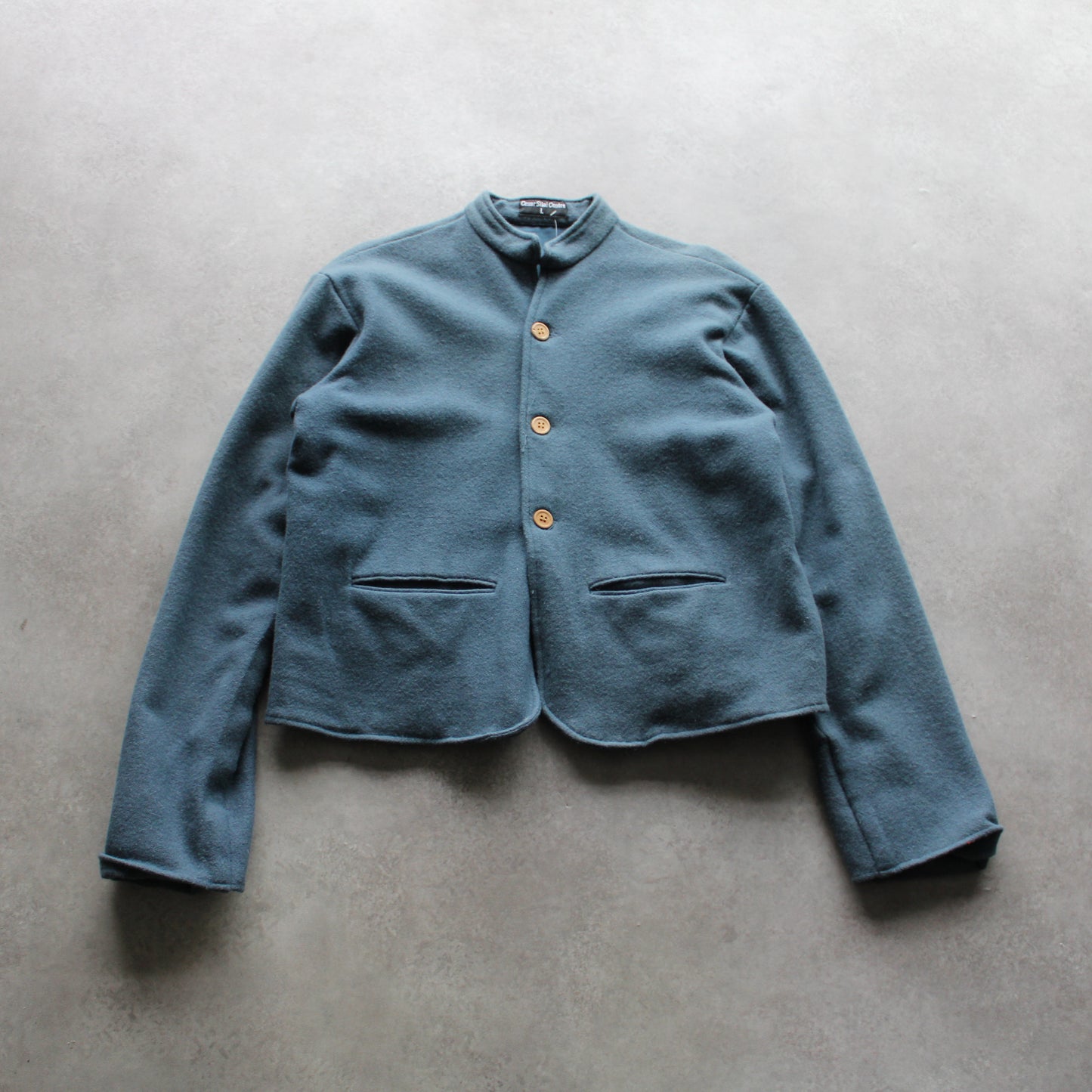 Cesar Silai Centre Blue Wool Button-Up Jacket with Stand Collar (Man-L)