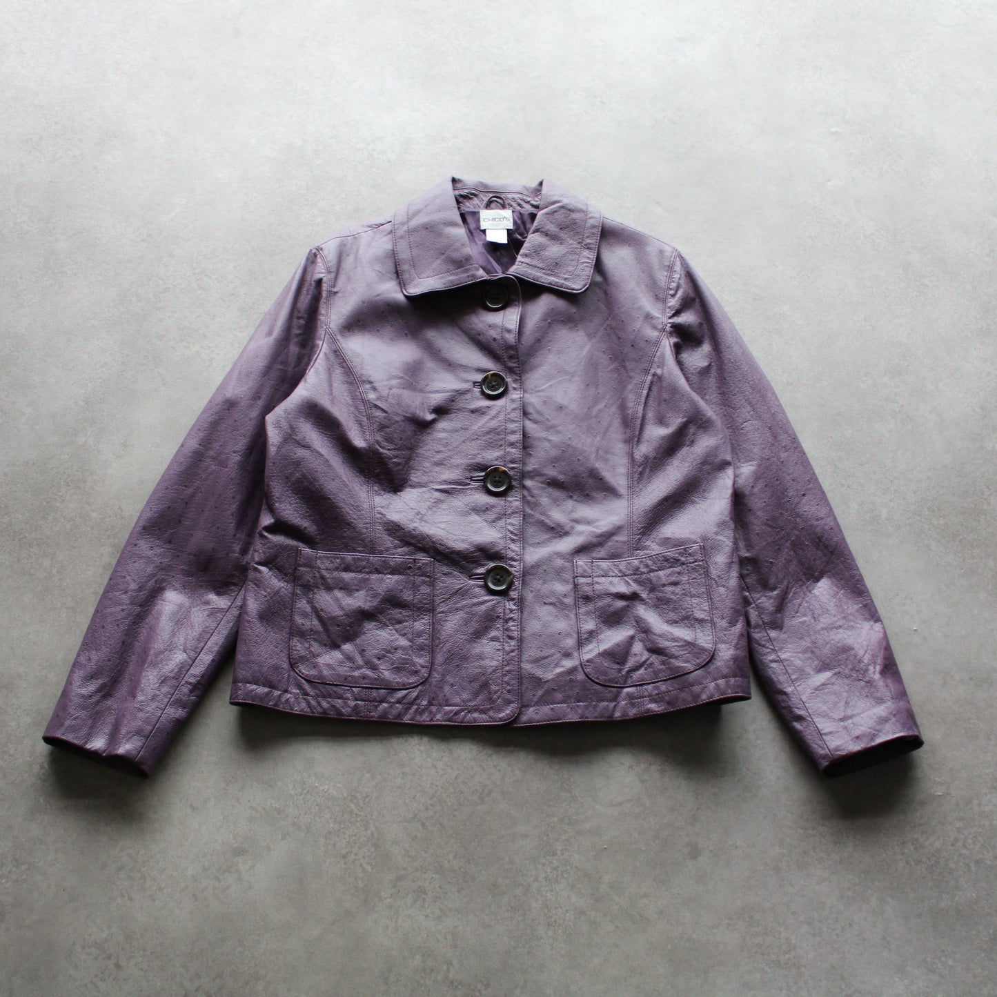 Chico’s Purple Leather Button-Up Jacket with Front Pockets (Woman-M)