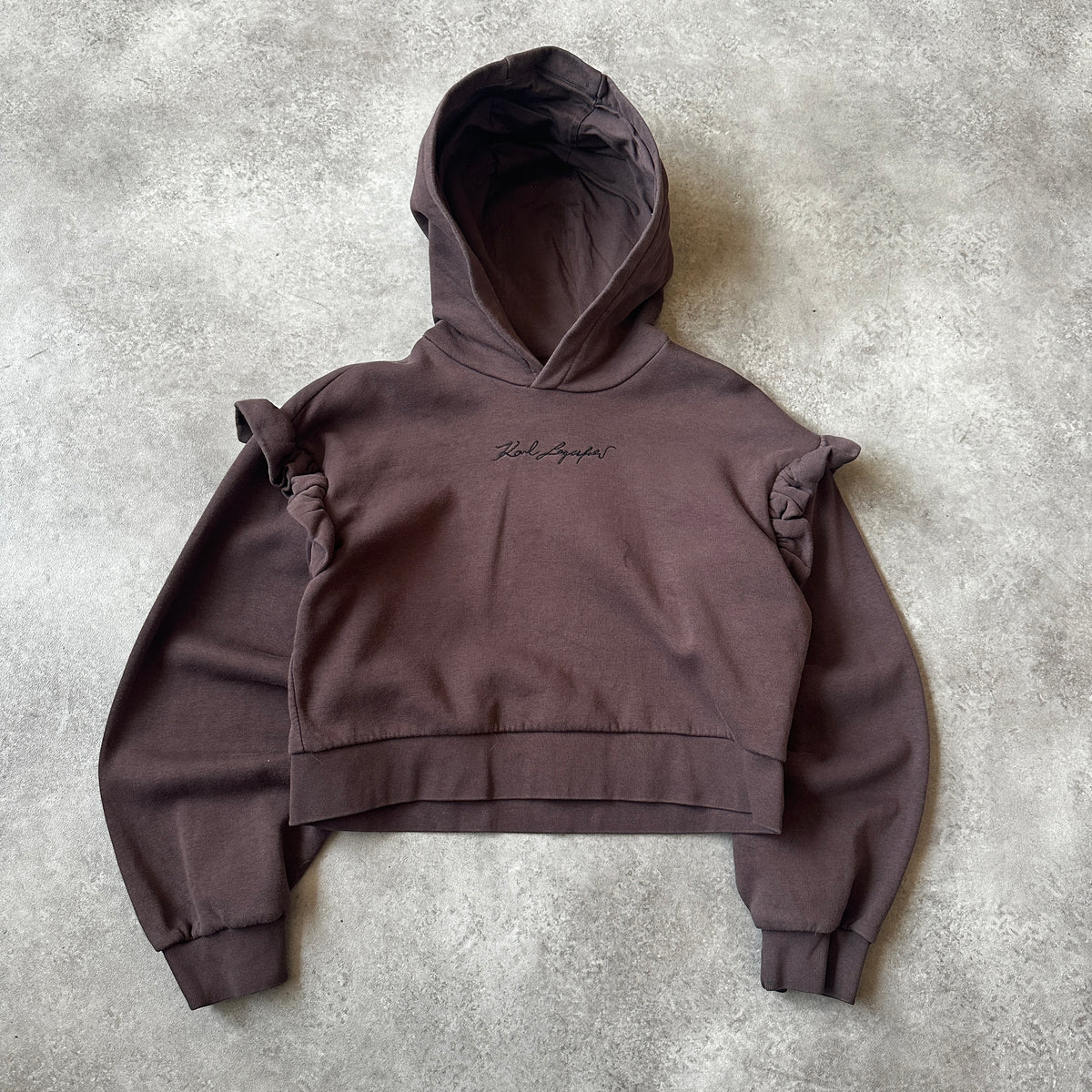 Karl Lagerfeld Dark Brown Ruffle Shoulder Cropped Hoodie XS