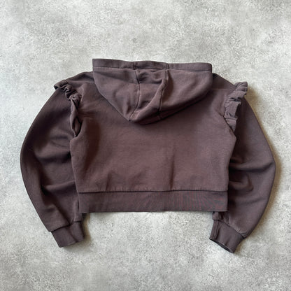 Karl Lagerfeld Dark Brown Ruffle Shoulder Cropped Hoodie XS
