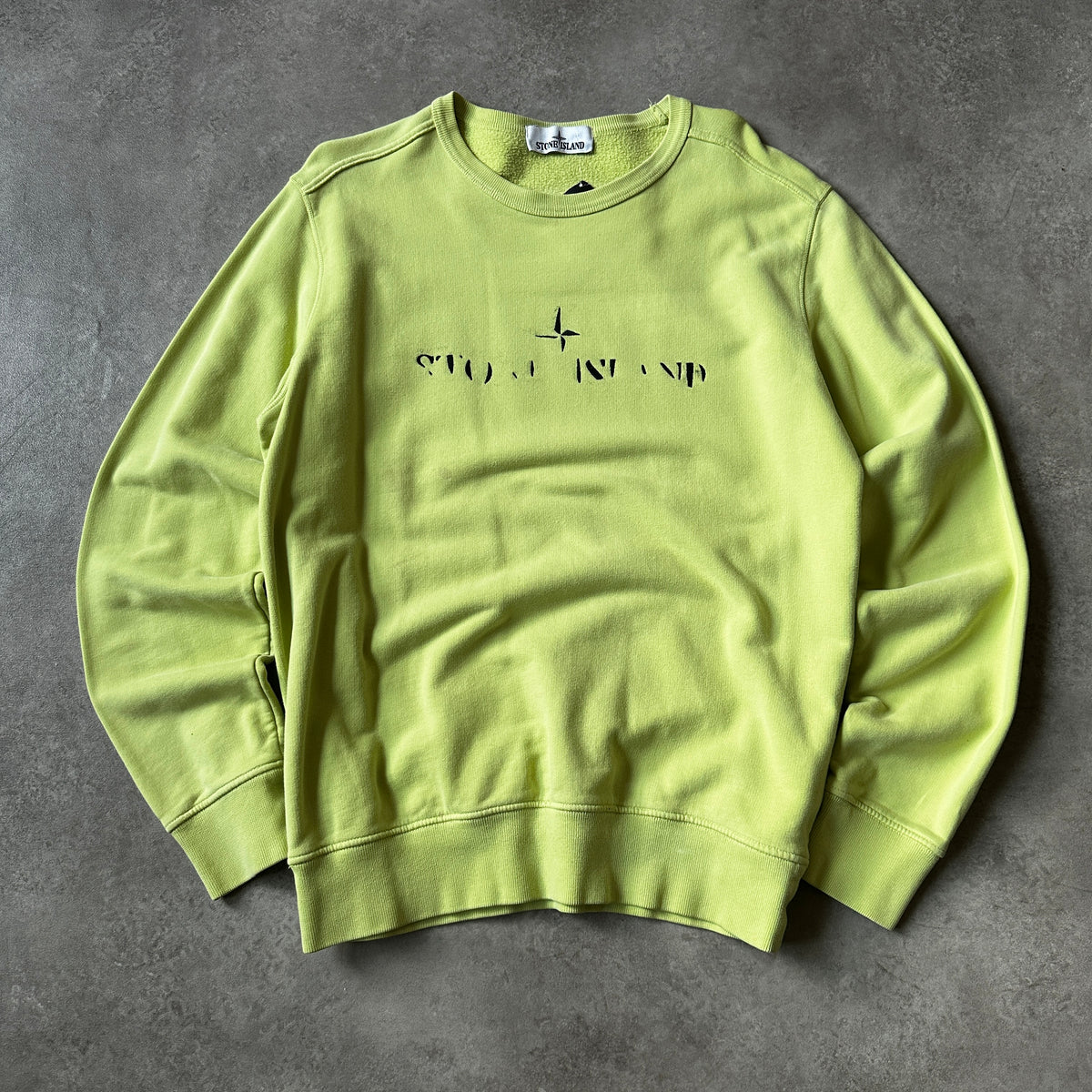 Stone Island Lime Green Stencil Chest Logo Crewneck M