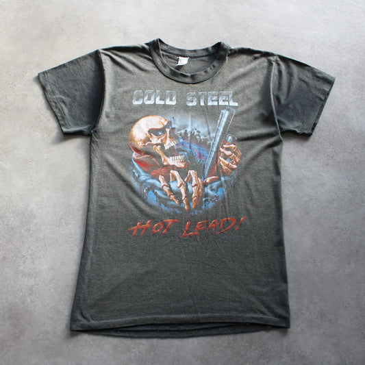 Vintage “Cold Steel Hot Lead” Printed T-Shirt – Black (Man-M, Faded & Flawed)