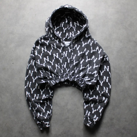 Yunaka All-Over Logo Crop Hoodie – Black/White (Woman-M)