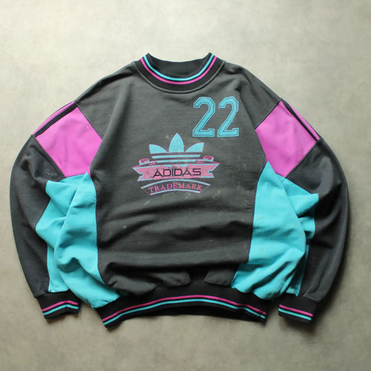 Adidas Vintage Colorblock Logo Crewneck Sweatshirt – Black/Teal/Pink (Man-L, Flawed)