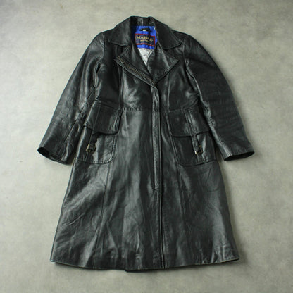 Massel Melpolo Long Leather Coat with Belted Pockets – Black (Woman-XL)