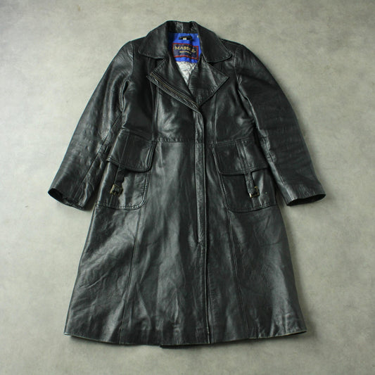 Massel Melpolo Long Leather Coat with Belted Pockets – Black (Woman-XL)