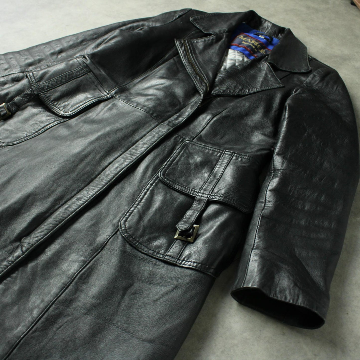 Massel Melpolo Long Leather Coat with Belted Pockets – Black (Woman-XL)