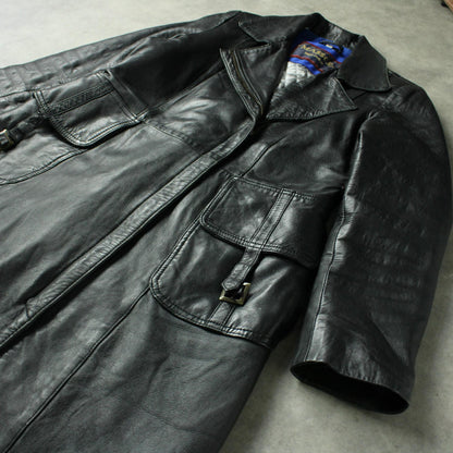 Massel Melpolo Long Leather Coat with Belted Pockets – Black (Woman-XL)