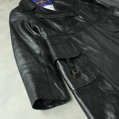 Massel Melpolo Long Leather Coat with Belted Pockets – Black (Woman-XL)