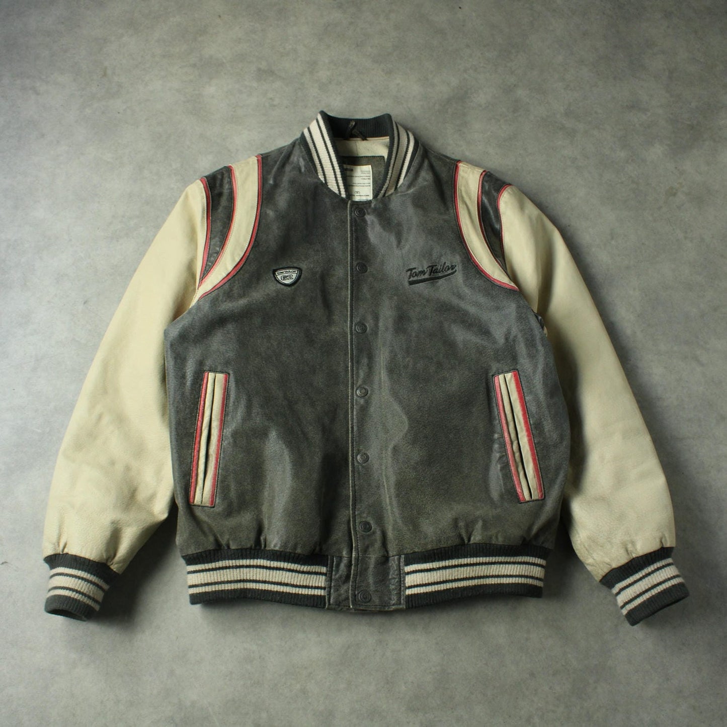 Tom Tailor Varsity Style Leather Jacket with Contrast Sleeves – Grey (Man-L)