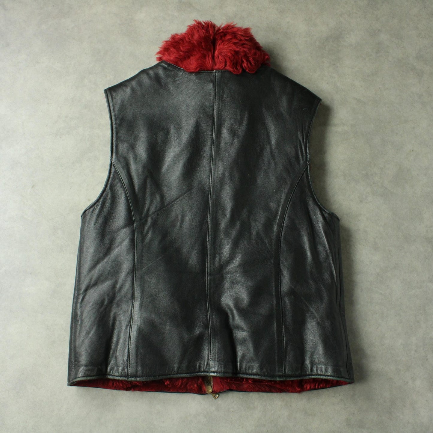Vintage Leather Vest with Shearling Collar – Black & Red (Woman-L)