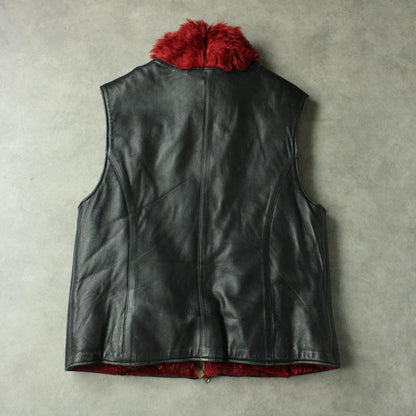Vintage Leather Vest with Shearling Collar – Black & Red (Woman-L)